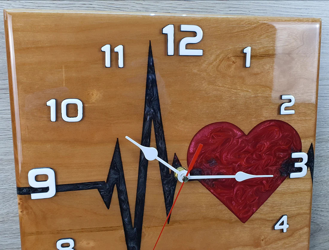 Heartbeat resin and wood wall clock - handmade watch