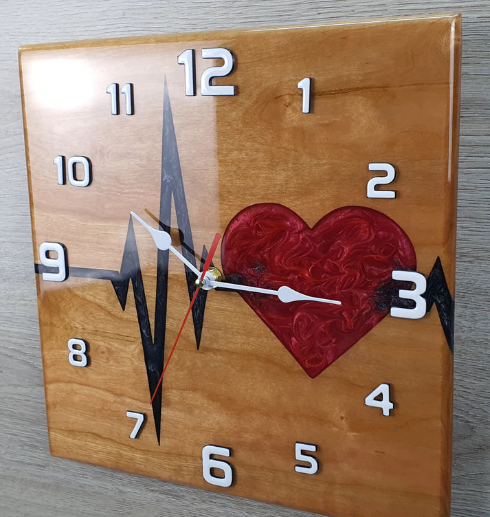 Heartbeat resin and wood wall clock - handmade watch