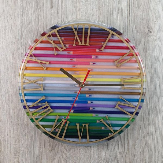 Epoxy Resin and Colored Pencils Clock (Rainbow) - Unique Handcrafted Clock